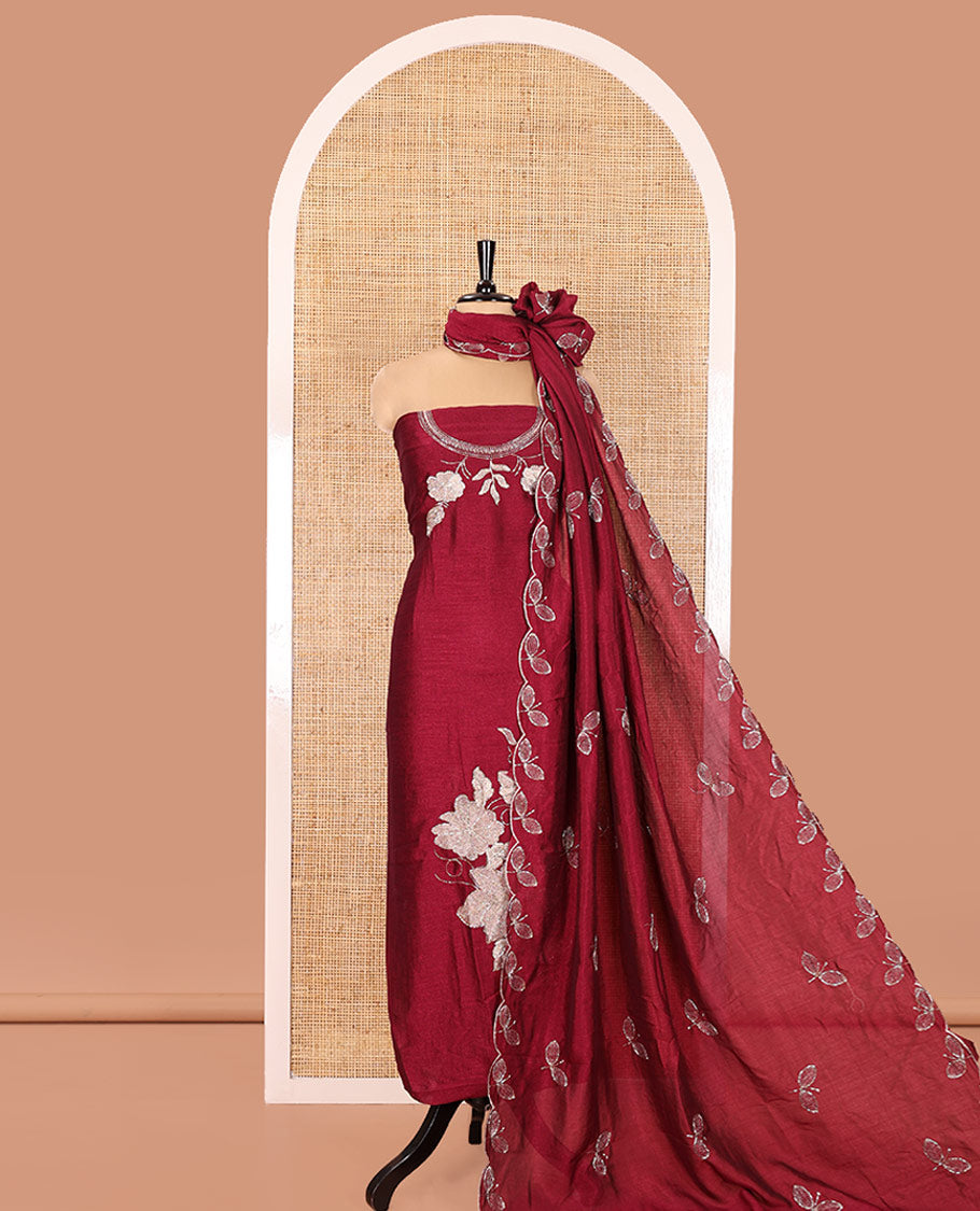 Wine Material Chudidhar Set, Highlighted with an Floral Motifs Embroidered on its Vichitra Silk Top, Plain Santoon Bottom, and Vichitra Silk Dupatta of Leaf Motifs Embroidery