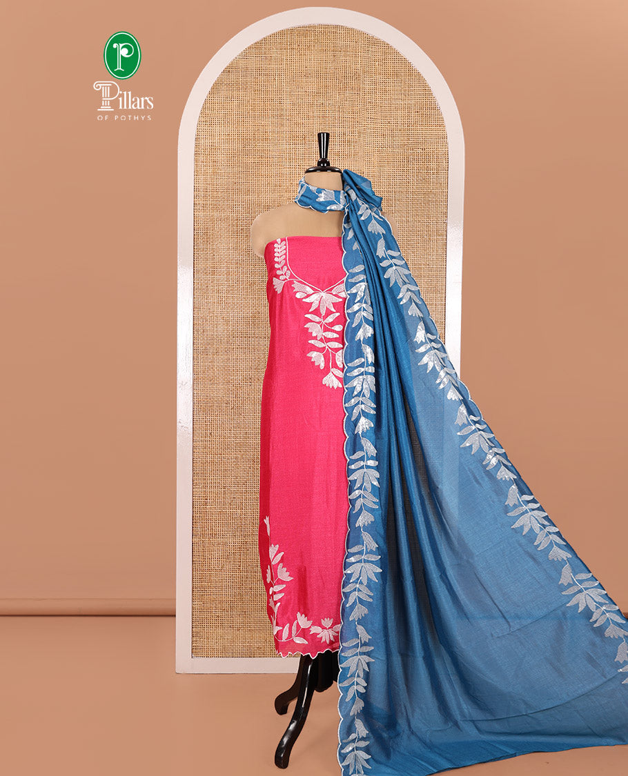 Pink Material Churidar Set, Detailed with Floral Motifs Sequins-Thread Embroidered on Its Vichitra Silk Top, Comes with a Contrast Santoon Bottom, and Paired with a Vichitra Silk Floral Embroidered Scallop Dupatta