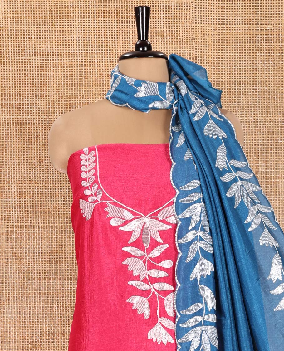 Pink Material Churidar Set, Detailed with Floral Motifs Sequins-Thread Embroidered on Its Vichitra Silk Top, Comes with a Contrast Santoon Bottom, and Paired with a Vichitra Silk Floral Embroidered Scallop Dupatta