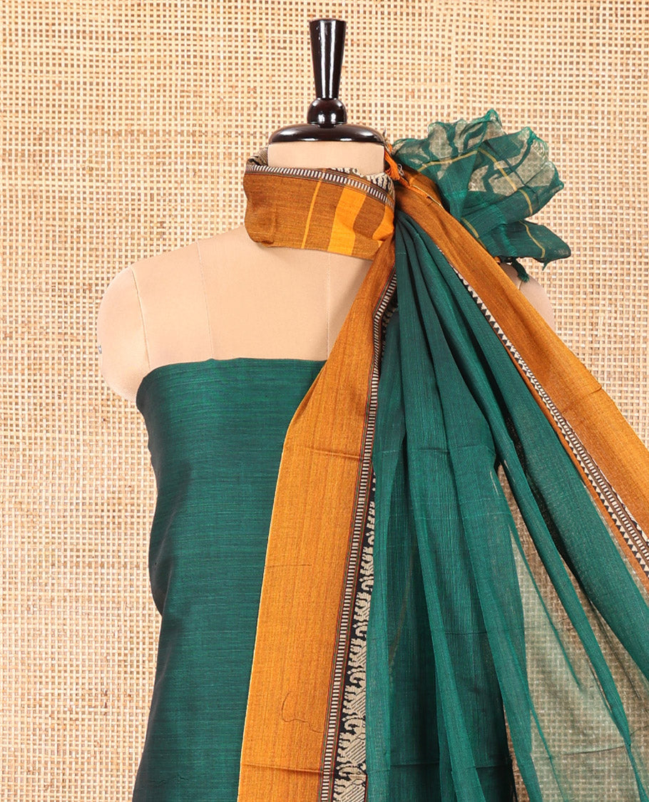Green Mercerised Cotton Material Churidar Set, Subtly Woven Plain with Contrast Traditional Elephant Motif Bordered Top, a Plain Santoon Bottom, and Paired with a Mercerised Cotton Dupatta