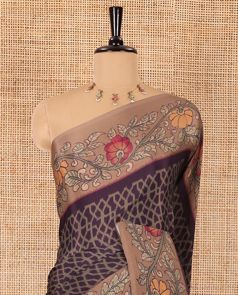 Dark purple Abstract printed Italian crepe saree, contrast kalamkari floral vine printed border, kalamkari printed pallu, and kalamkari printed blouse