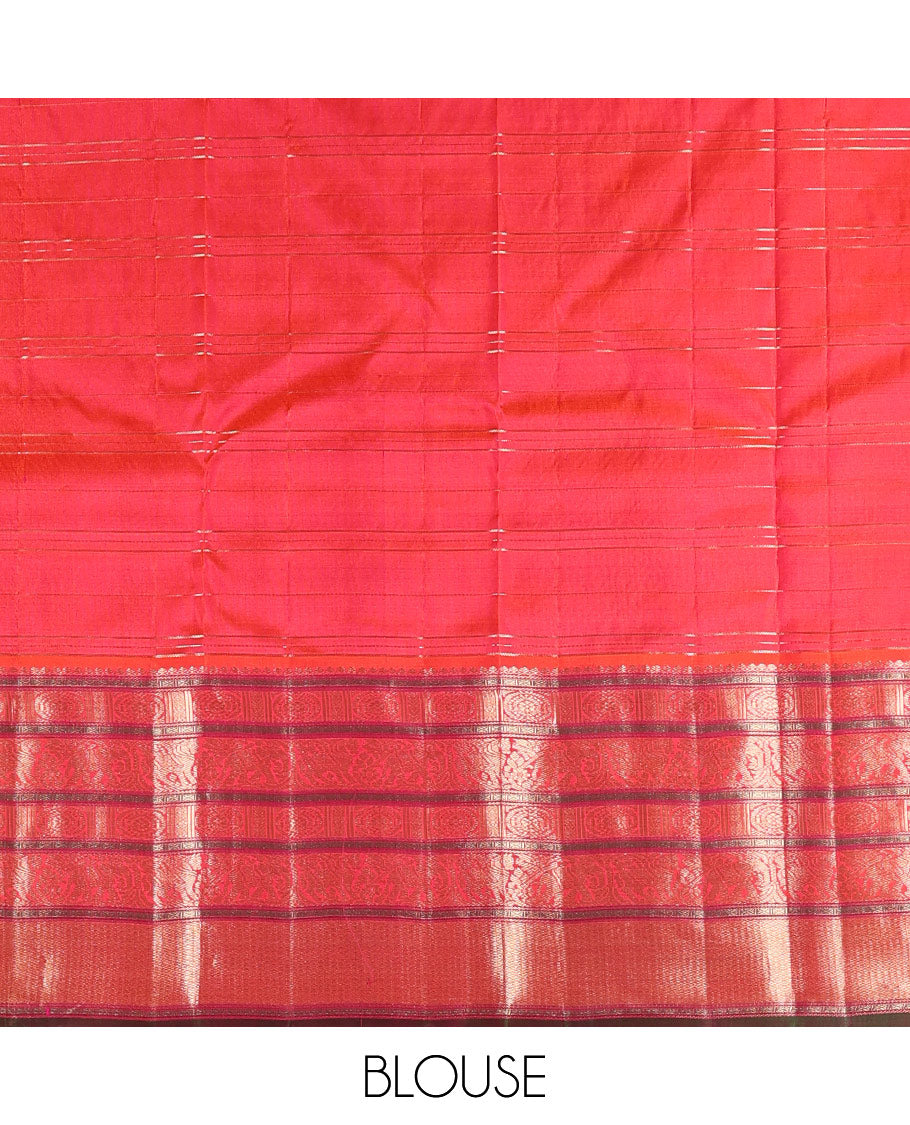 Mustard zari checked Vasundhara silk saree, contrast border of thilakam mokku, chakram, kodi yaanai, kuthirai, and mayil kann designs, intricate pallu, and zari design blouse