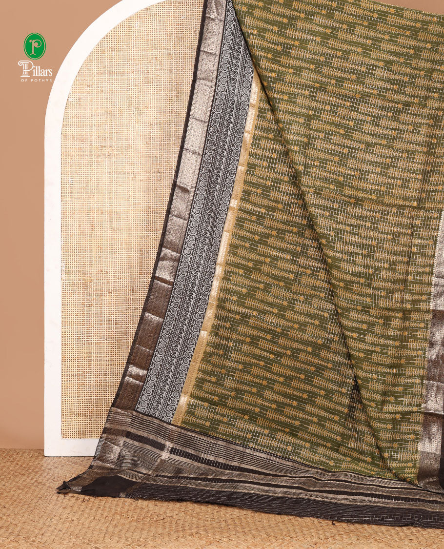 Mehendi green checked & pine-tree motifs printed chanderi cotton saree,contrast traditional border & zari checked pallu