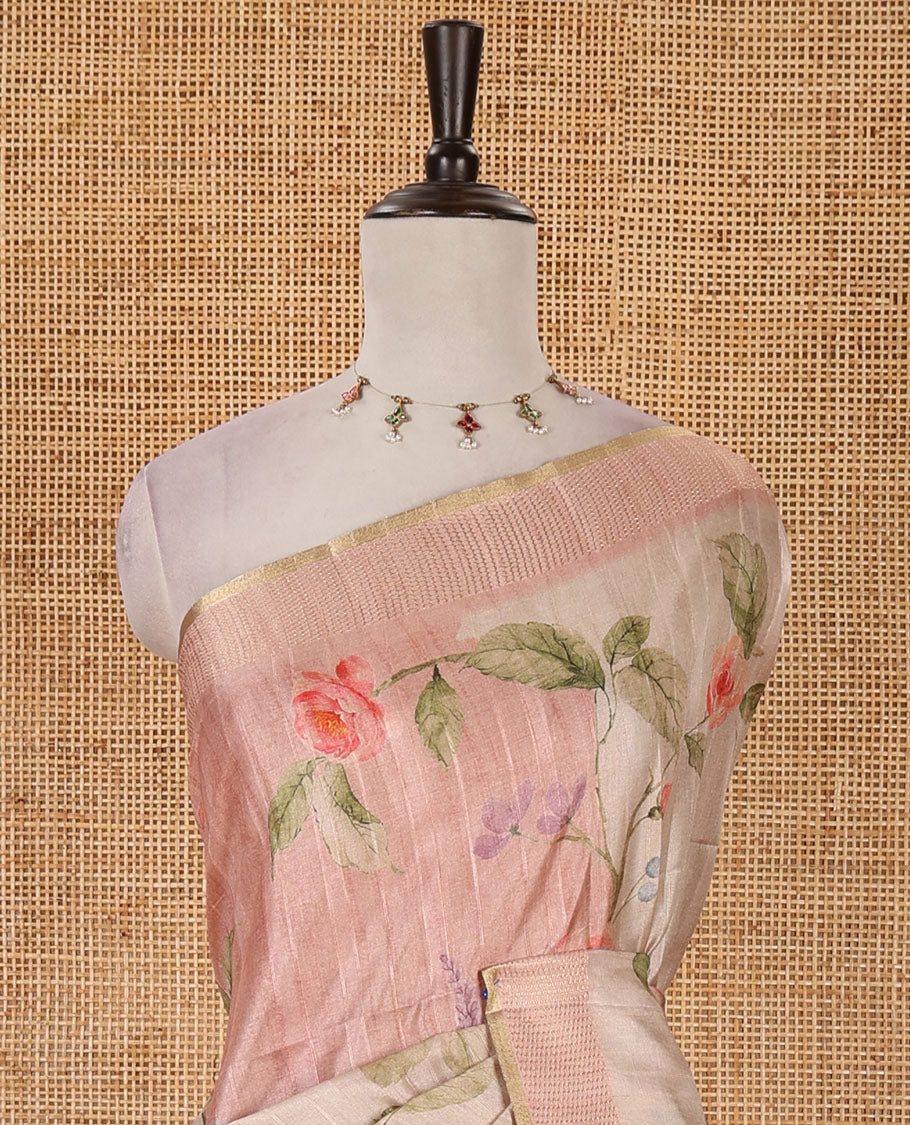 Light peach floral-leaf printed fancy tussar silk saree, zari woven border & zari striped pallu & matching stripes & floral printed blouse