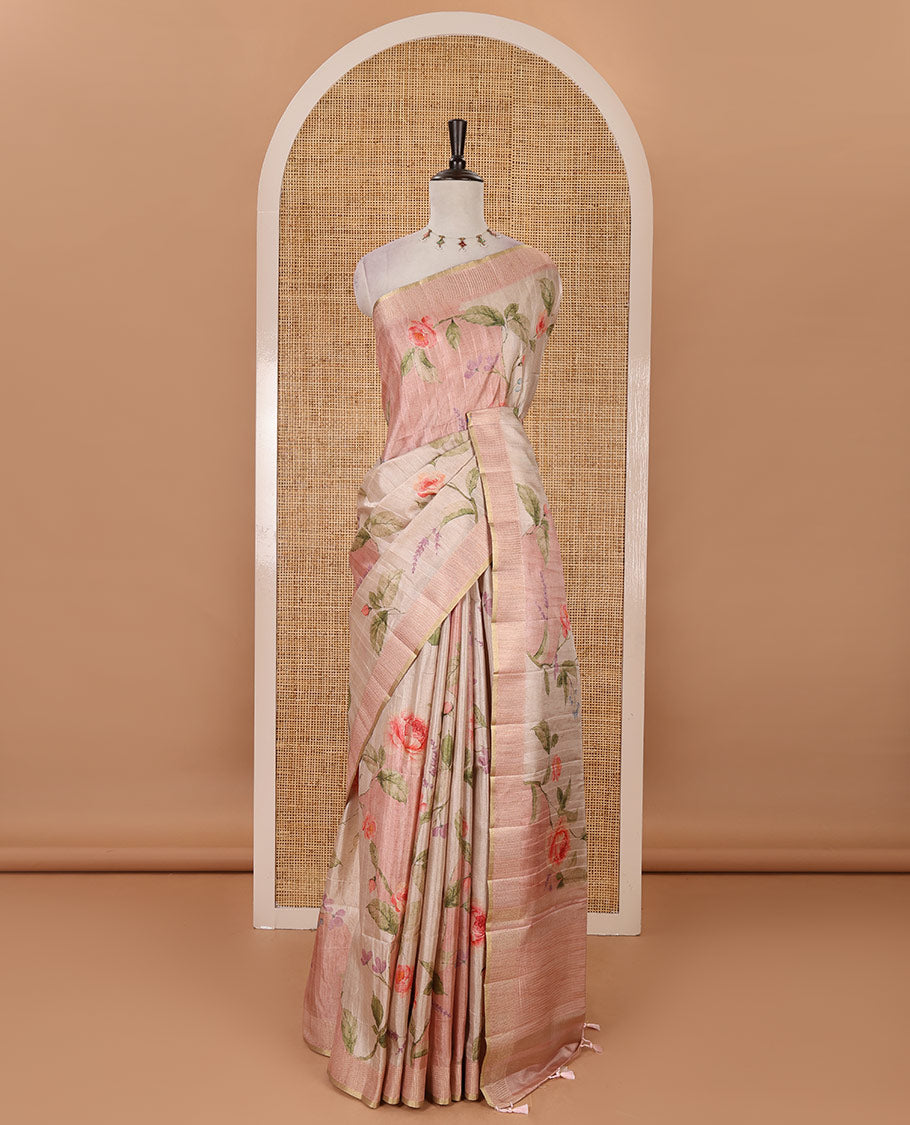 Light peach floral-leaf printed fancy tussar silk saree, zari woven border & zari striped pallu & matching stripes & floral printed blouse