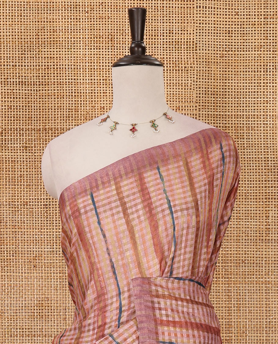 Borderless peach checked & stripes printed fancy tussar saree, contrast painting-style Indian woven motifs printed pallu & checked printed blouse