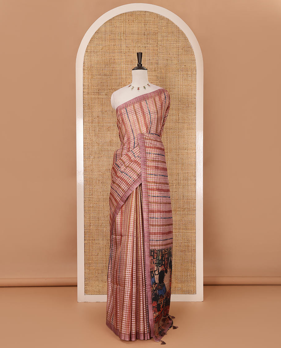 Borderless peach checked & stripes printed fancy tussar saree, contrast painting-style Indian woven motifs printed pallu & checked printed blouse