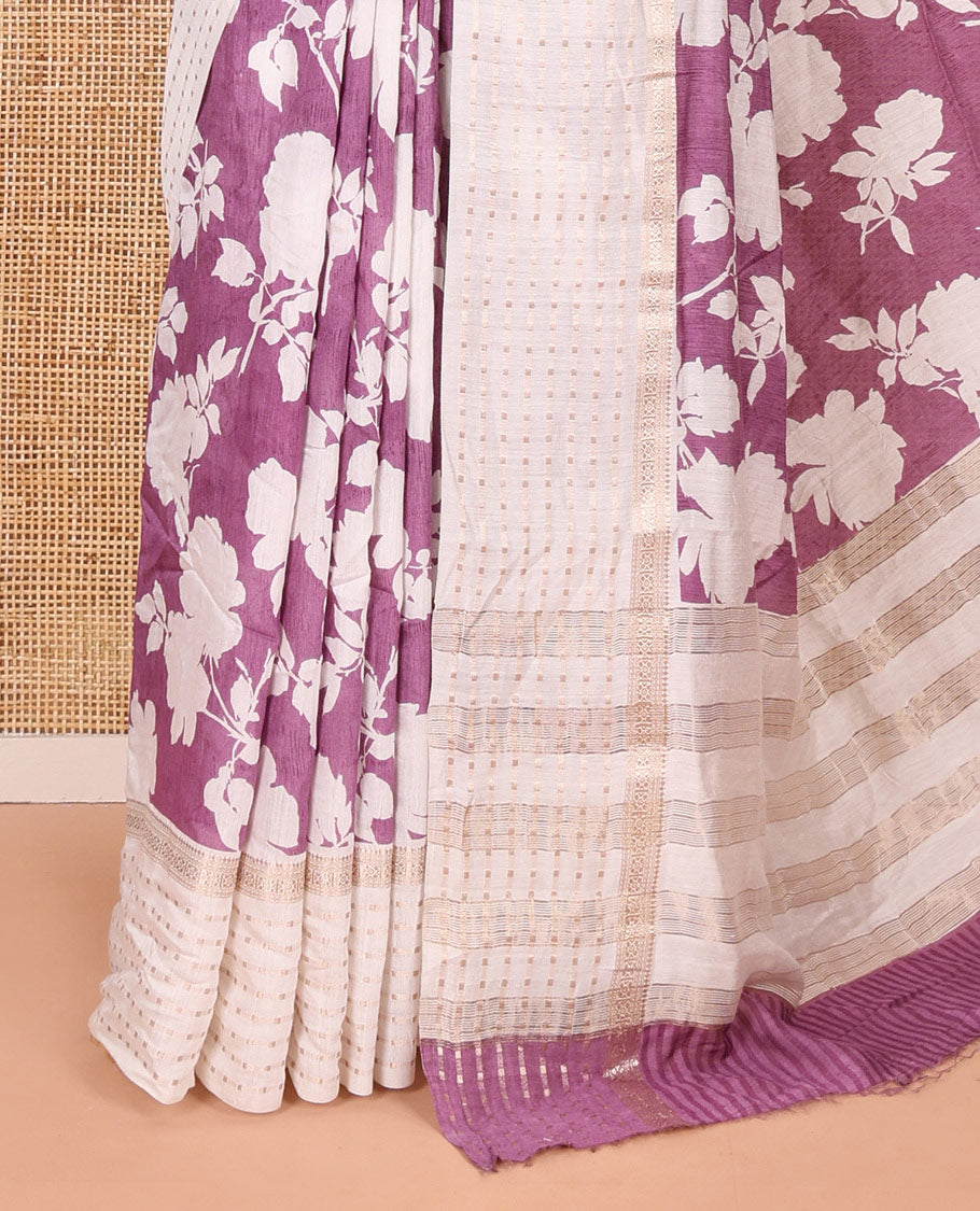 Lavender silhouette-style floral discharge printed Assam silk saree, contrast traditional zari border of rudraksham motifs, zari striped pallu, and a floral printed blouse