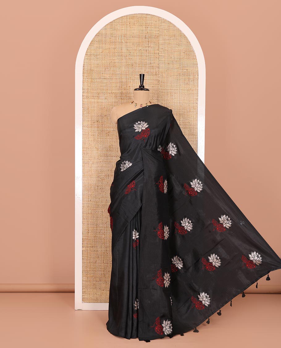 Borderless black floral motifs embroidered fancy tussar saree, floral motifs embroidered pallu, and a plain blouse