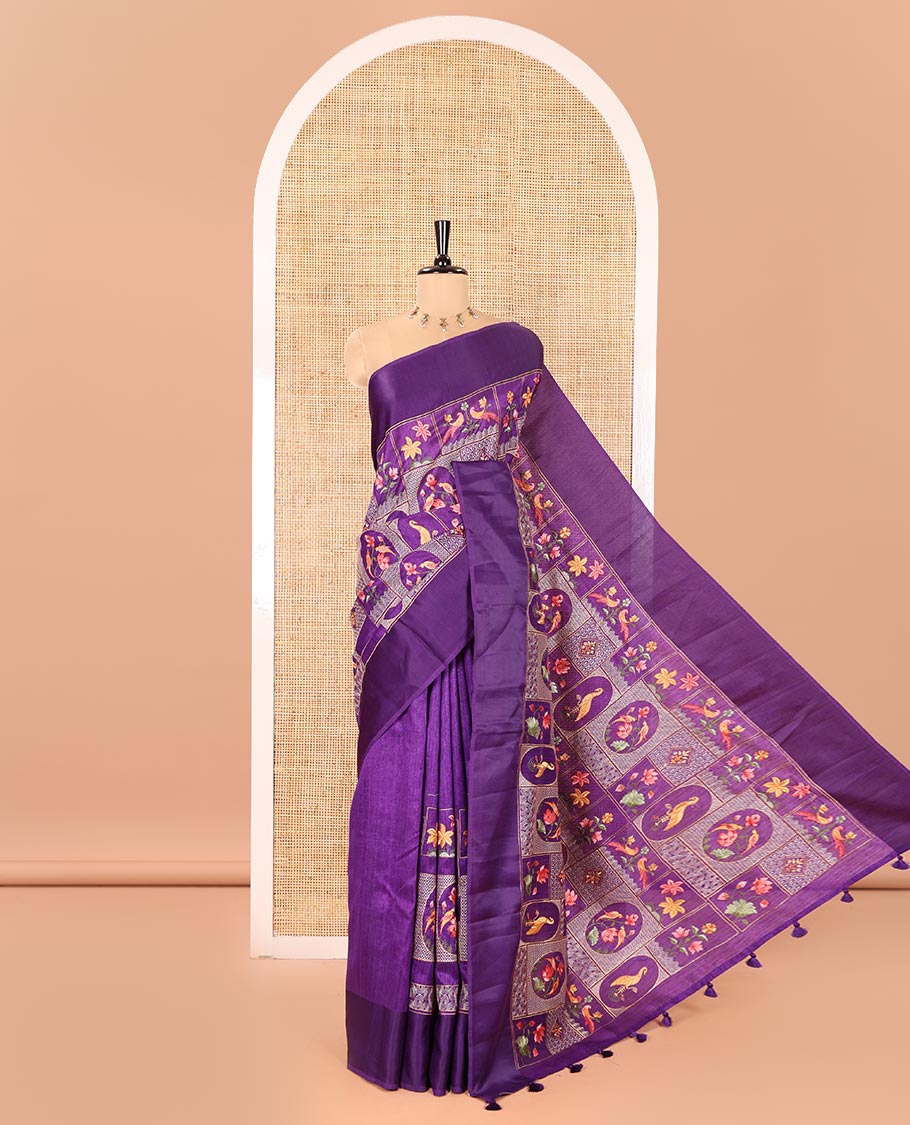 Purple Green-Silk Saree, Elegantly Highlighted by Mughal-Style Floral-Fauna Enclosed Jaal Design Embroidery, Subtle Satin Border, Artfully Multi-Color Embroidered Pallu, and Paired with a Matching Blouse