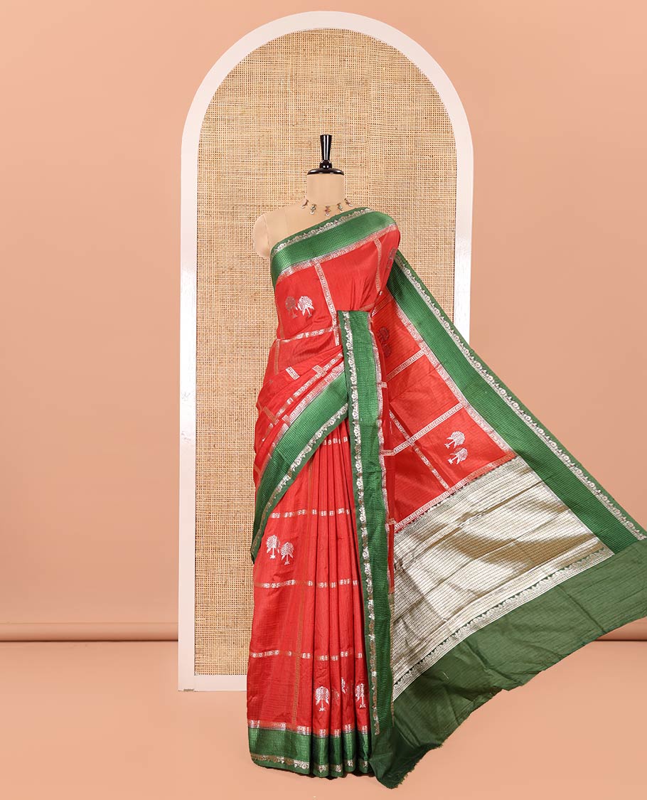 Red Mango-Silk Saree, Artfully Detailed with Meena Butta Enclosed Checks All Over Its Body, Complemented by a Contrast Floral Creeper Meenakari Border, Gleaming Zari Striped Pallu, and Paired with a Contrast Blouse