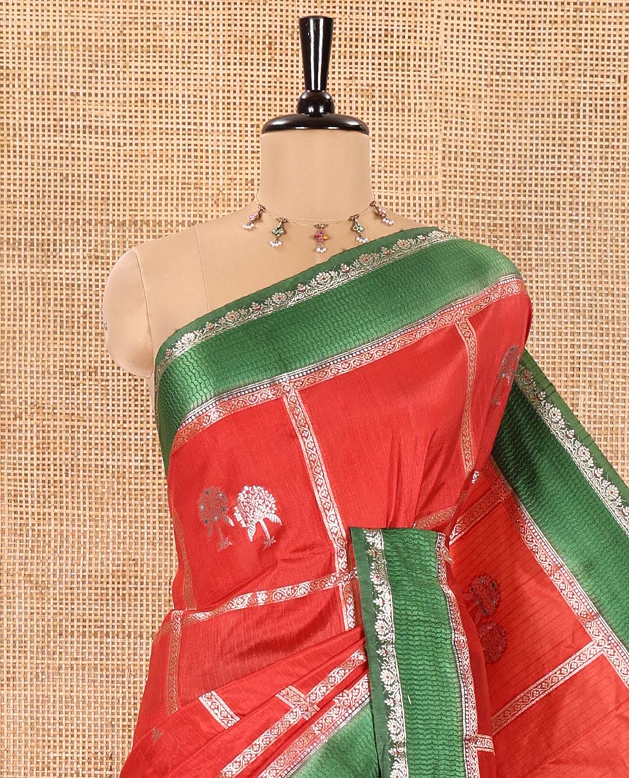 Red Mango-Silk Saree, Artfully Detailed with Meena Butta Enclosed Checks All Over Its Body, Complemented by a Contrast Floral Creeper Meenakari Border, Gleaming Zari Striped Pallu, and Paired with a Contrast Blouse