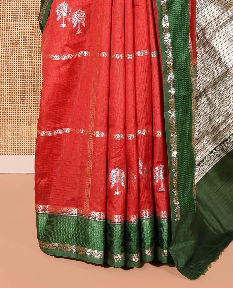 Red Mango-Silk Saree, Artfully Detailed with Meena Butta Enclosed Checks All Over Its Body, Complemented by a Contrast Floral Creeper Meenakari Border, Gleaming Zari Striped Pallu, and Paired with a Contrast Blouse