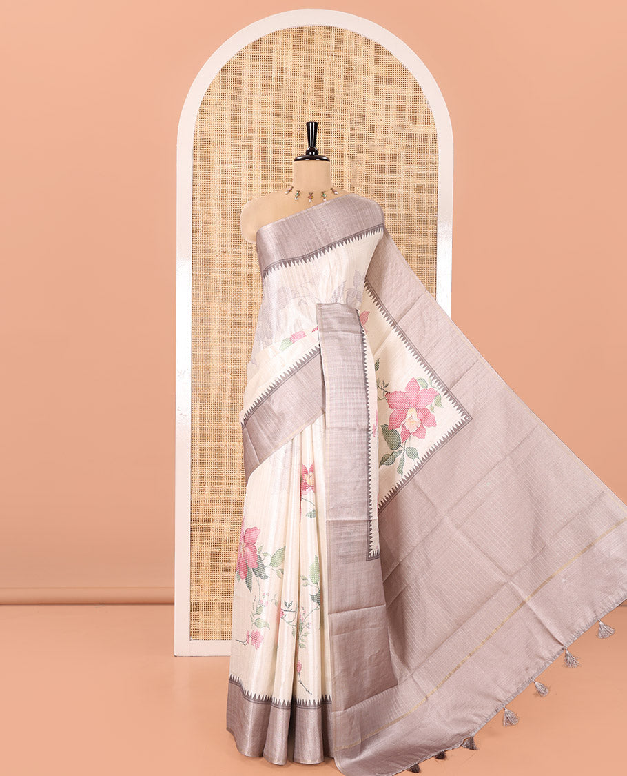Off-White Fancy Tussar Silk Saree, Enthralled with Floral Cross Stitch Embroidery All Over Its Body, Complemented by a Contrast Temple Zari Checked Border, Pallu of Checked Designs, and Paired with a Contrast Blouse