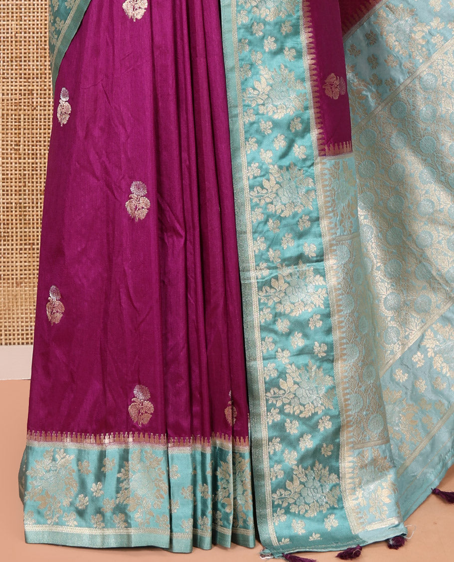 Purple Fancy Raw Silk Saree, Enriched with Floral Zari Buttas, a Contrast Floral Temple Border, Intricate Pallu, and a Contrast Blouse