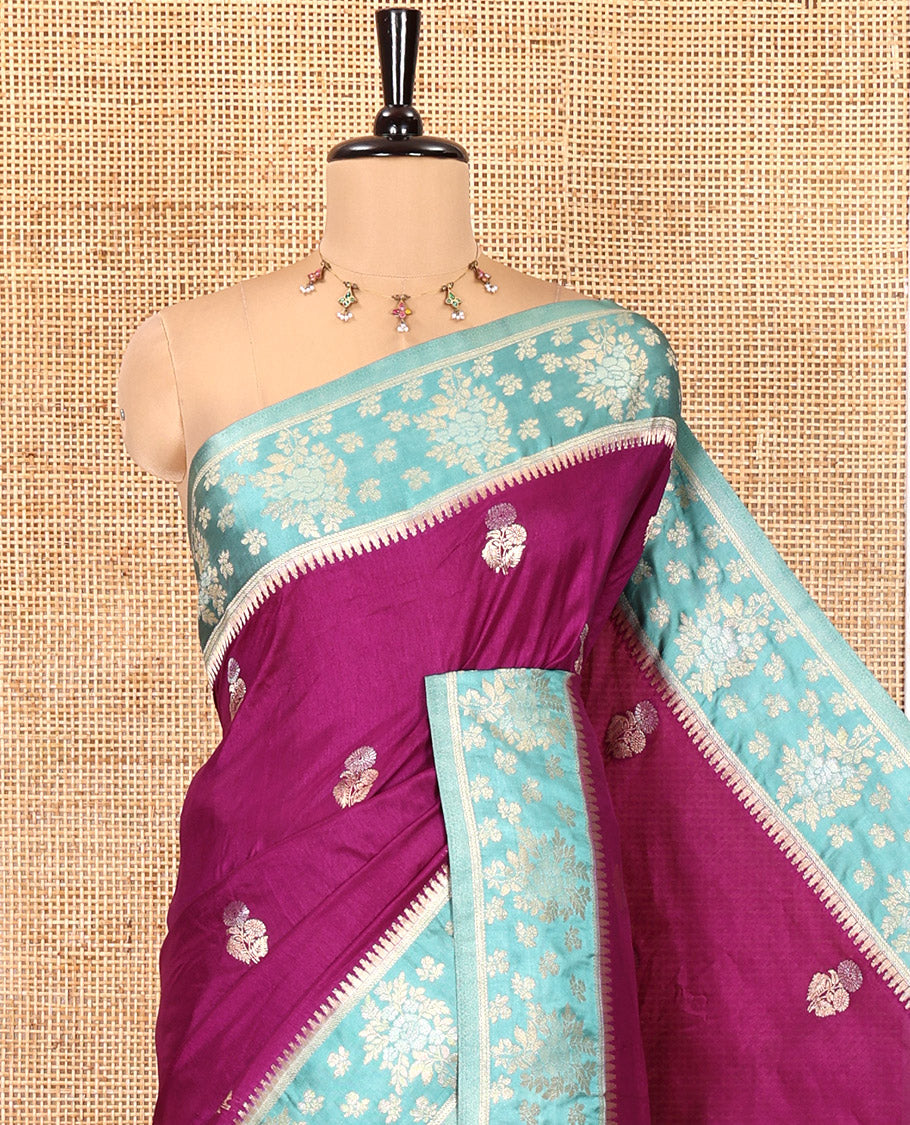 Purple Fancy Raw Silk Saree, Enriched with Floral Zari Buttas, a Contrast Floral Temple Border, Intricate Pallu, and a Contrast Blouse