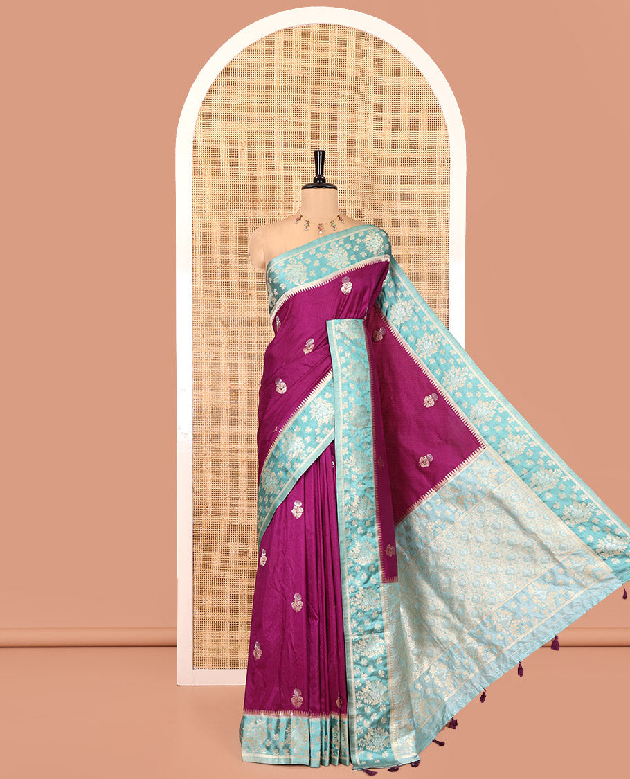 Purple Fancy Raw Silk Saree, Enriched with Floral Zari Buttas, a Contrast Floral Temple Border, Intricate Pallu, and a Contrast Blouse