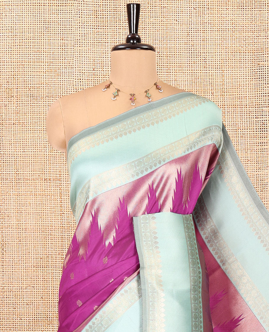 Magenta Litchi Saree, Bedecked with Peacock Buttas , Contrast Temple Traditional Rettai Pettu Border, Pallu of Traditional , and Contrast Blouse