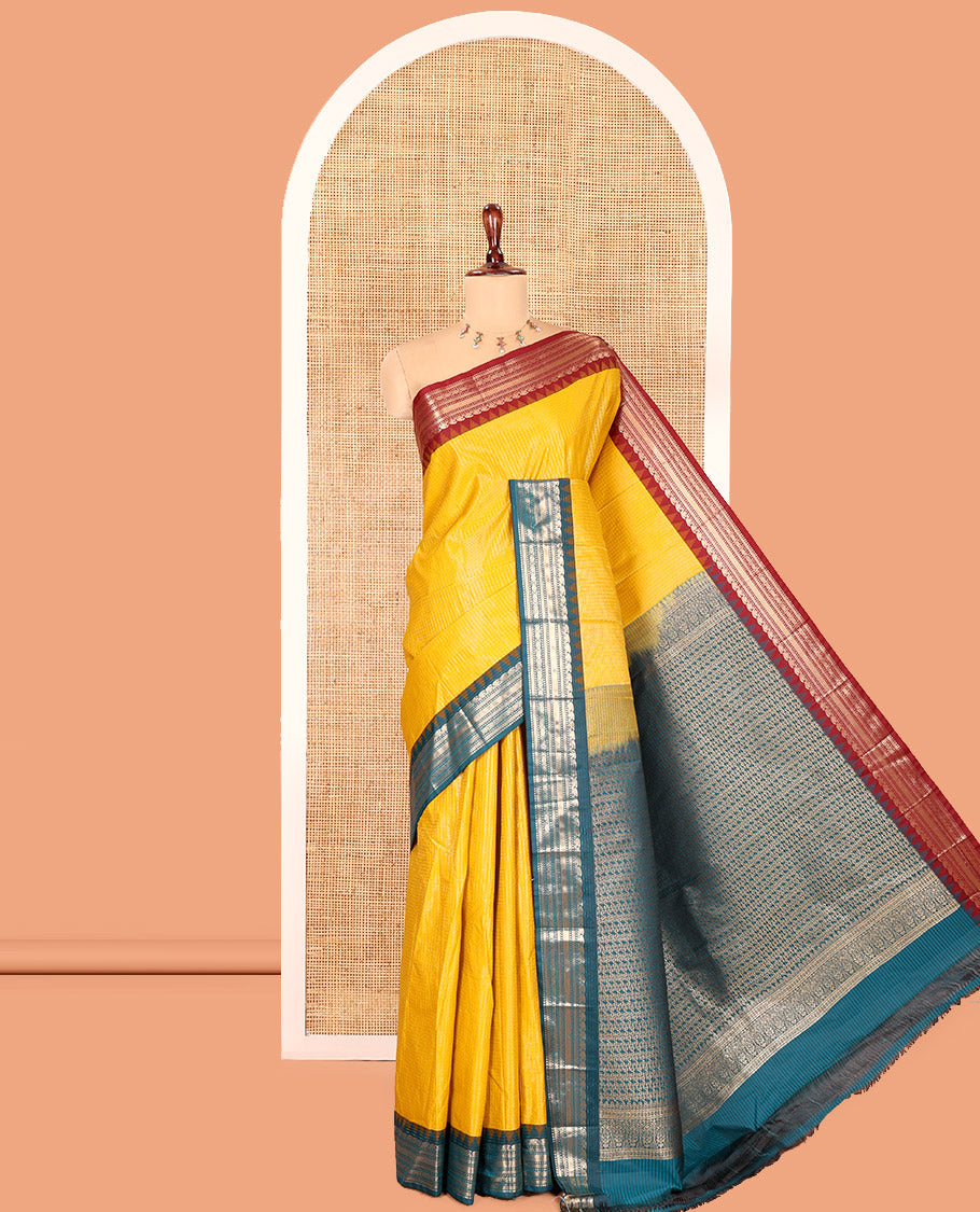 Mustard Zari Checked Budget Silk Saree, Contrast Ganga-Jamuna Traditional Temple Border, Grand Pallu, and a Contrast Blouse