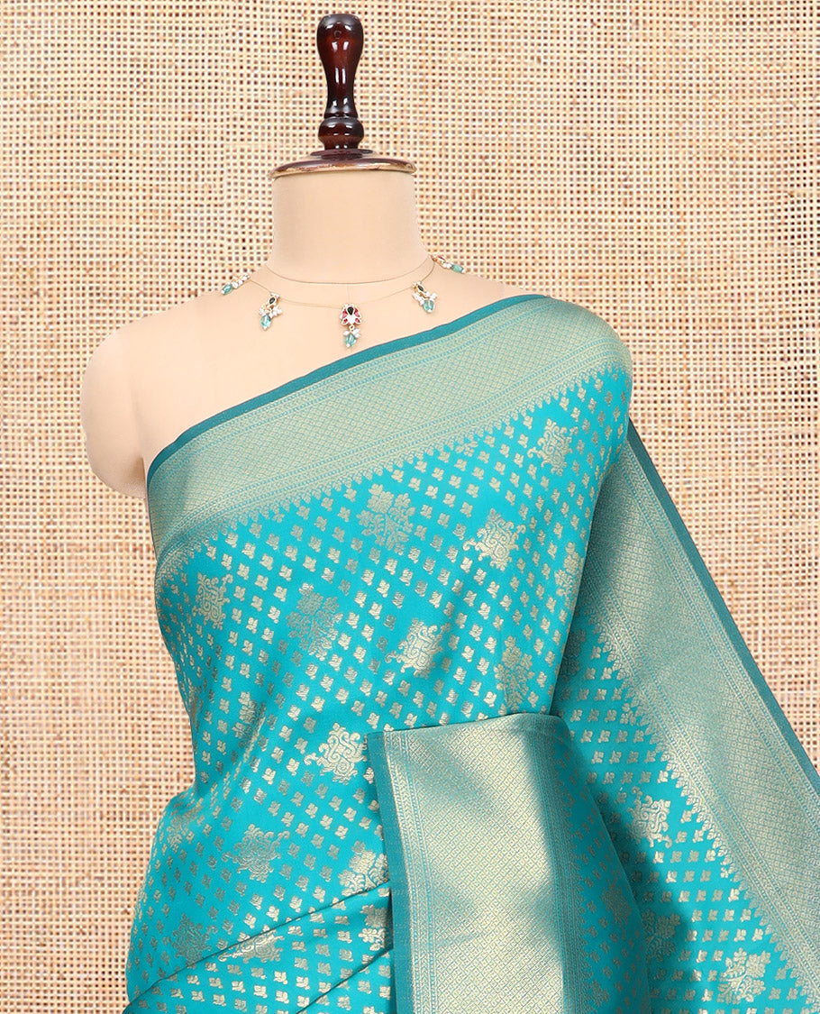 Rama Blue Semi-Silk Saree, Enriched with Jacquard Design, a Traditional Zari Border, Grand Pallu, and a Matching Blouse-Trisha-Inspired