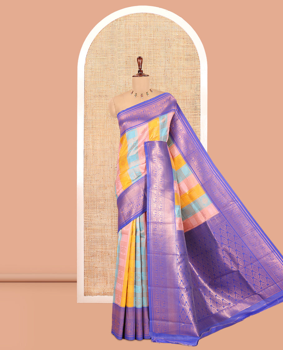 Multi-Color Zari Butta Enclosed Checks Litchi Saree, Elevated with Contrast Traditional Border and Blouse