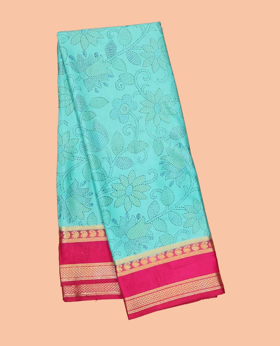 Blue madhubani-style floral vine semi-banaras printed saree, contrast traditional design border & striped pallu