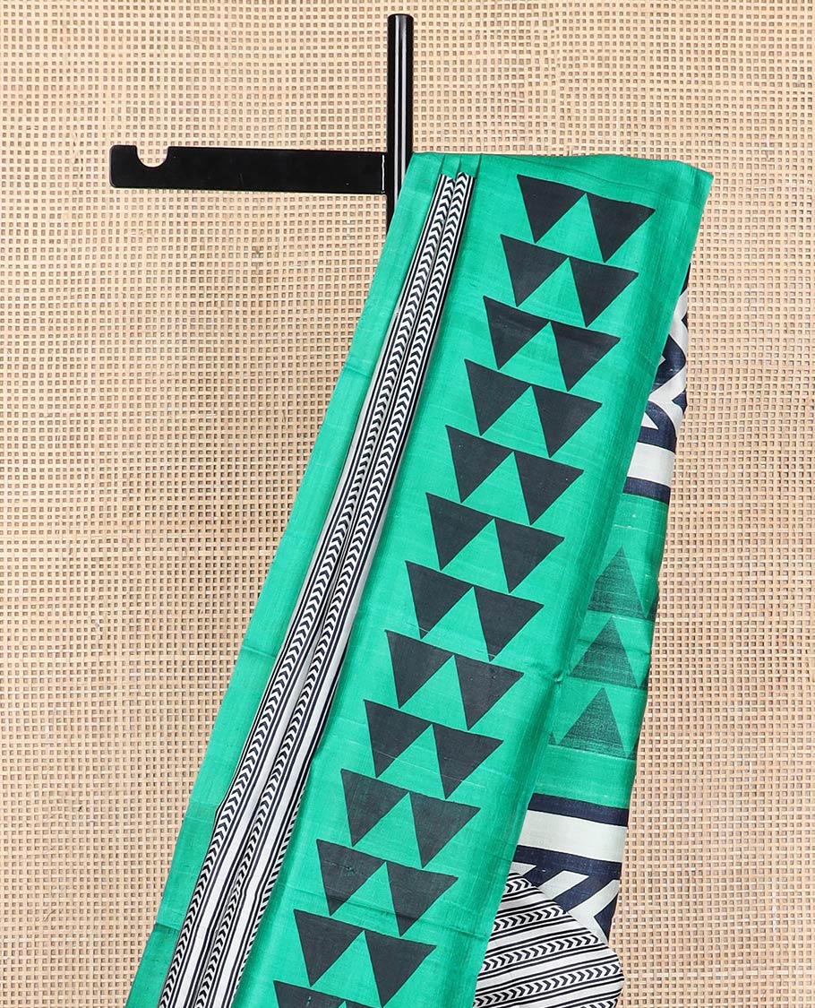 White geometric printed silk saree contrast triangle design border