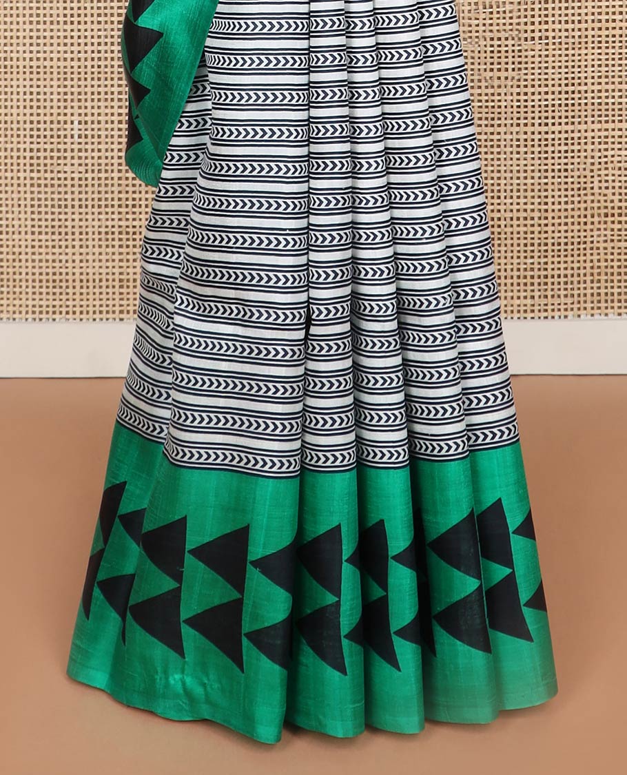 White geometric printed silk saree contrast triangle design border