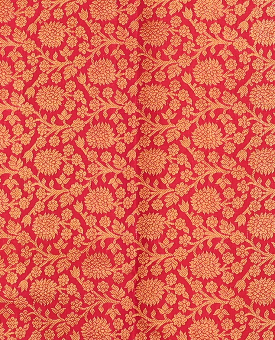 Red pure-silk half saree, jacquard skirt, contrast border & blouse of thilakam mokku,poun,muthu,kuthirai & mayil kann & intricate dhavani