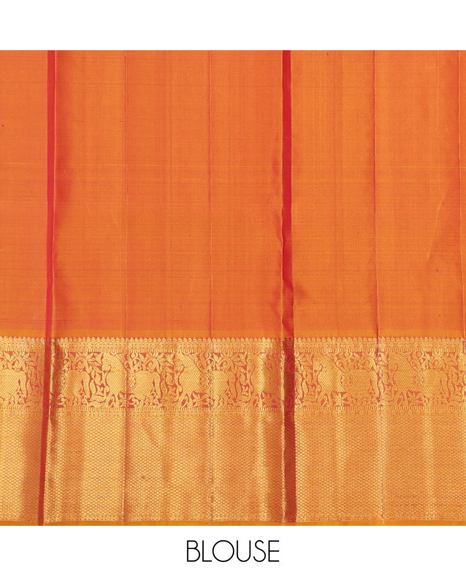 Red pure-silk half saree, jacquard skirt, contrast border & blouse of thilakam mokku,poun,muthu,kuthirai & mayil kann & intricate dhavani