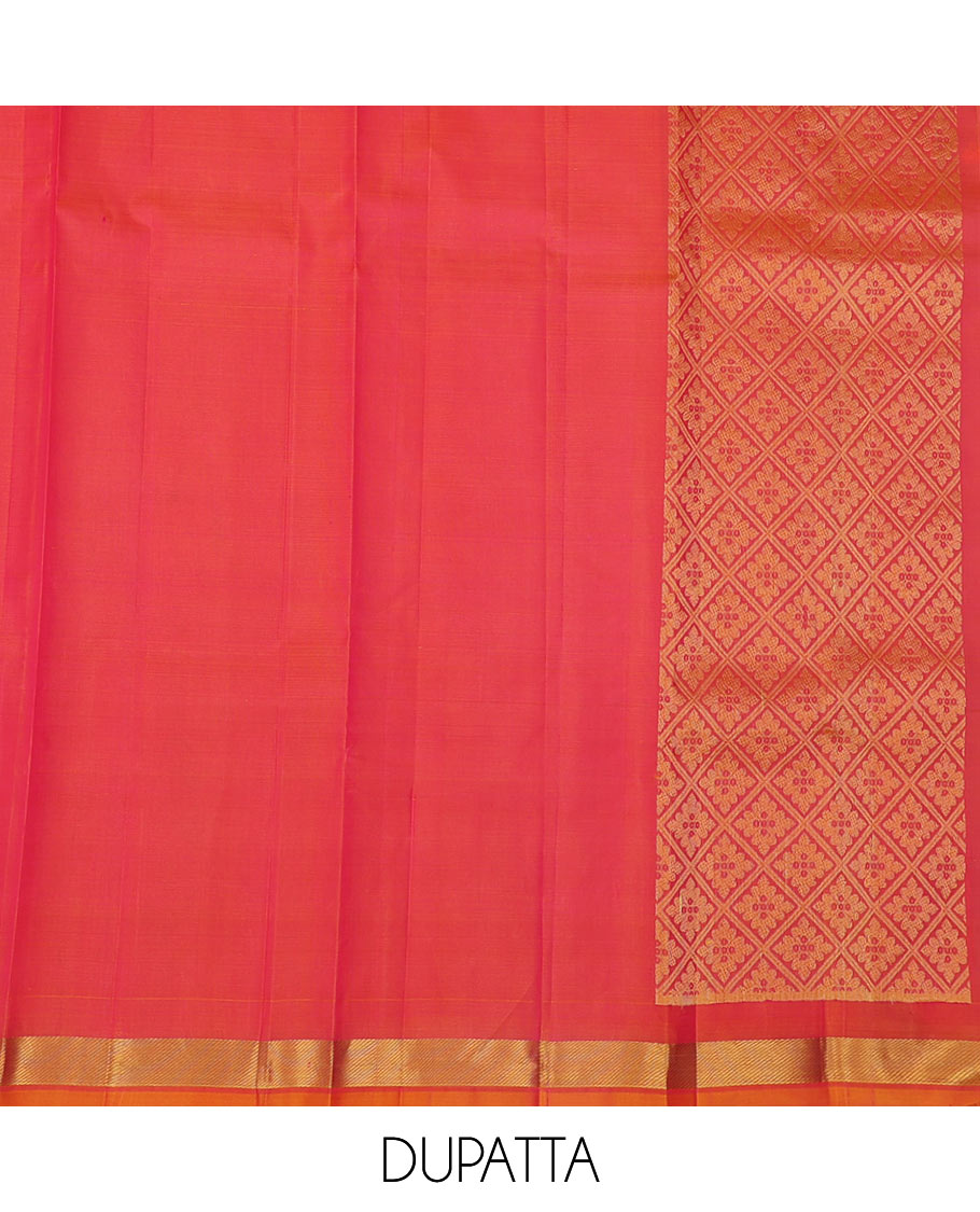 Red pure-silk half saree, jacquard skirt, contrast border & blouse of thilakam mokku,poun,muthu,kuthirai & mayil kann & intricate dhavani