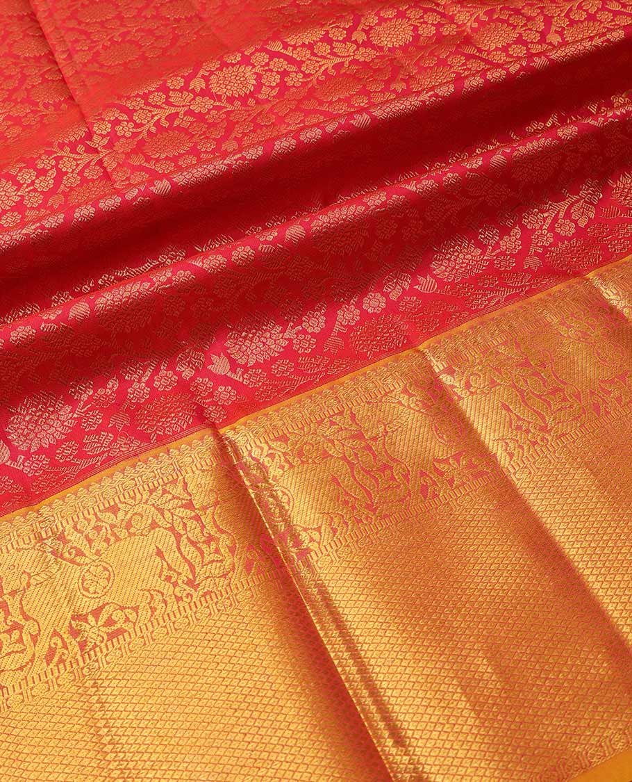 Red pure-silk half saree, jacquard skirt, contrast border & blouse of thilakam mokku,poun,muthu,kuthirai & mayil kann & intricate dhavani