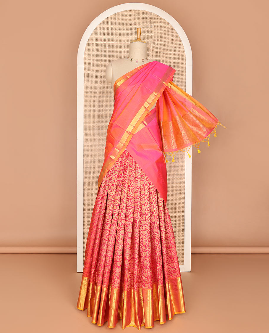 Red pure-silk half saree, jacquard skirt, contrast border & blouse of thilakam mokku,poun,muthu,kuthirai & mayil kann & intricate dhavani