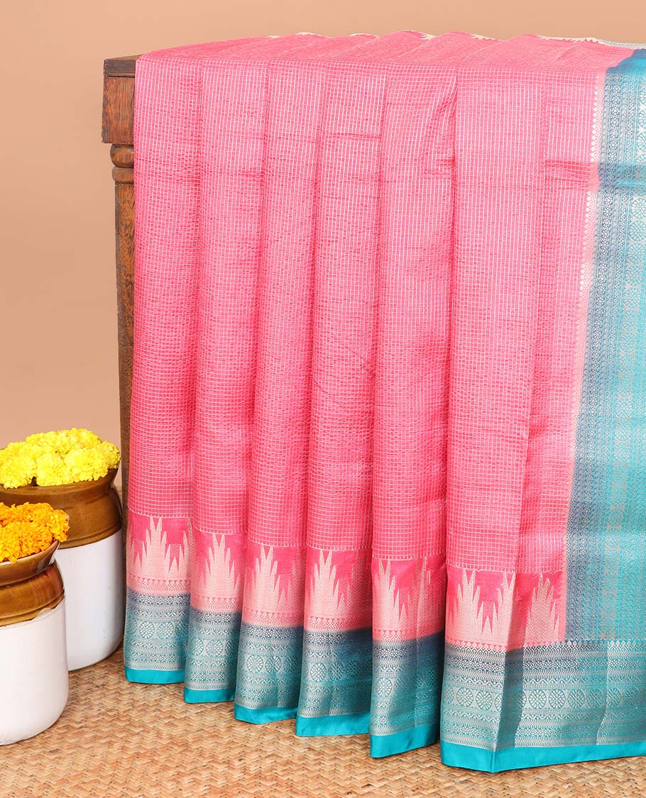 Pink with blue all over small water zari checks with contrast traditional border & contrast zari weaving rich pallu along with zari butta with sequins blouse