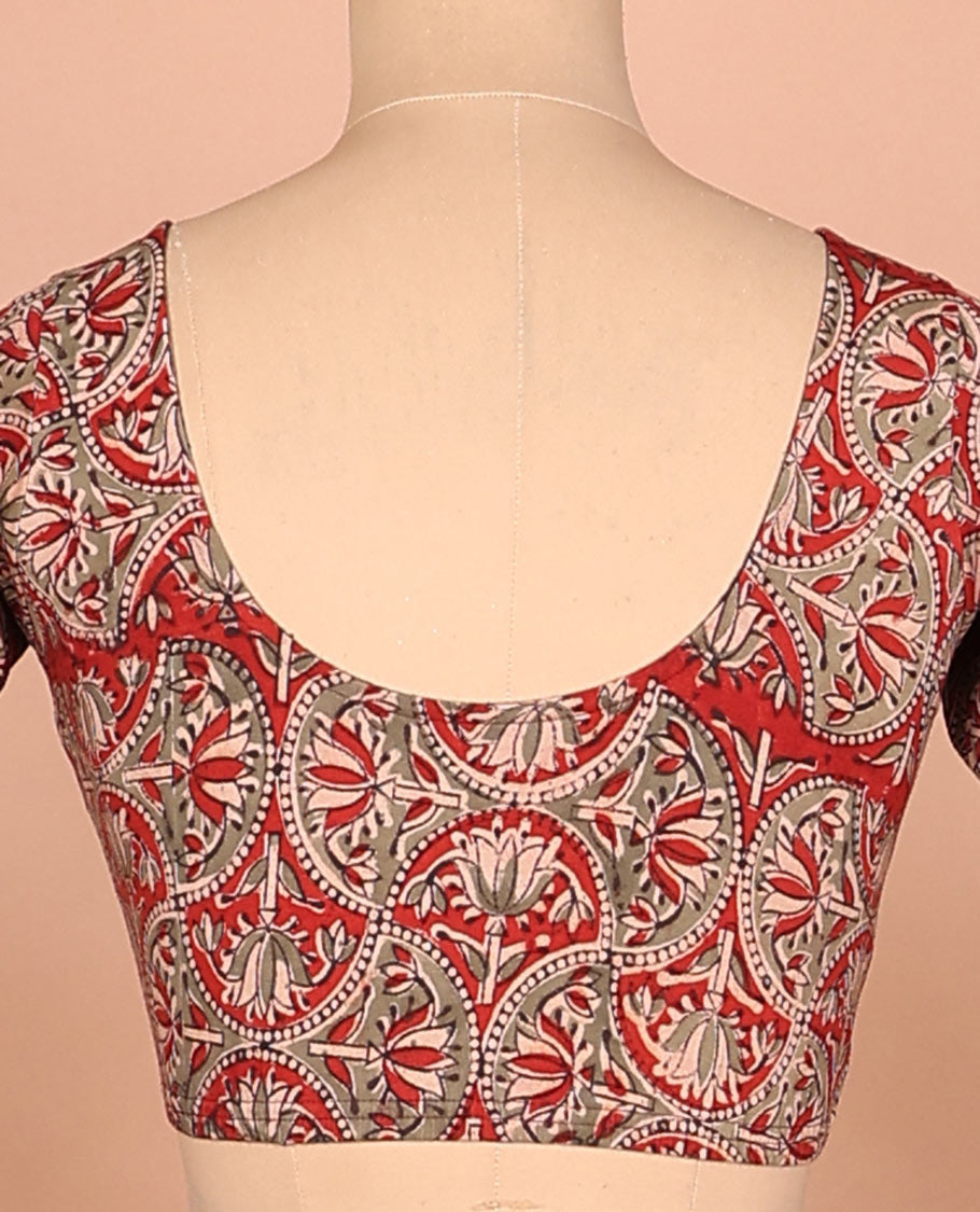 Red lotus enclosed scallop design printed front-back round neck full-sleeved cotton readymade blouse