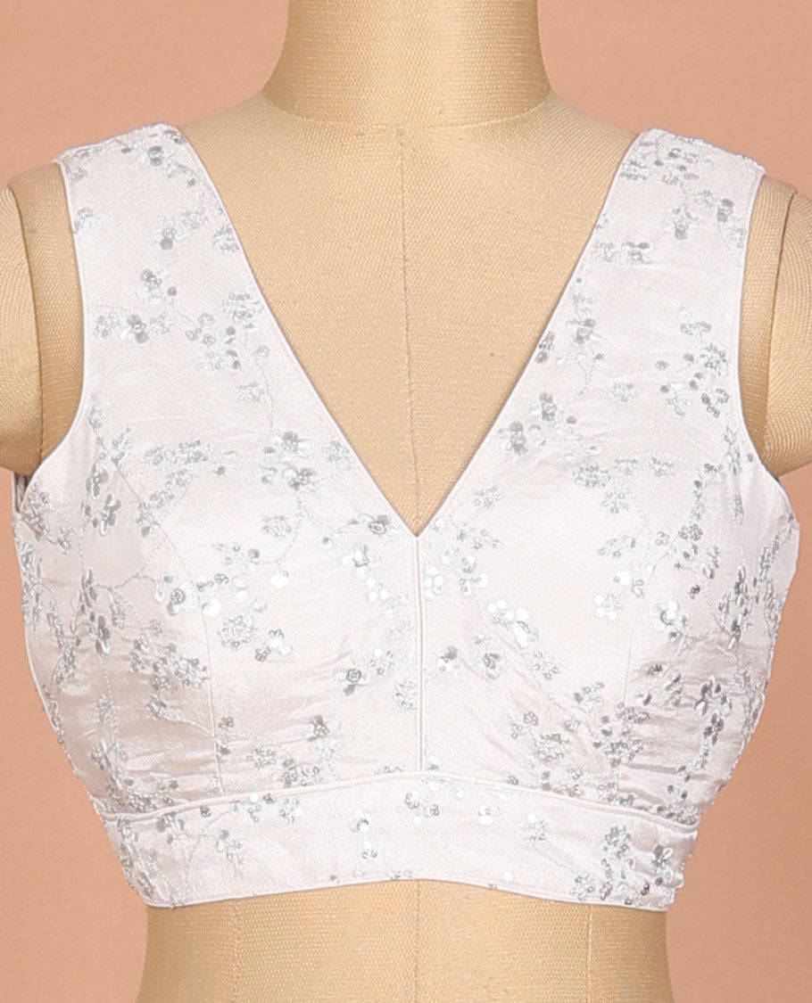 Off-white floral vine thread embroidered sleeveless readymade blouse with front and back deep-V neck
