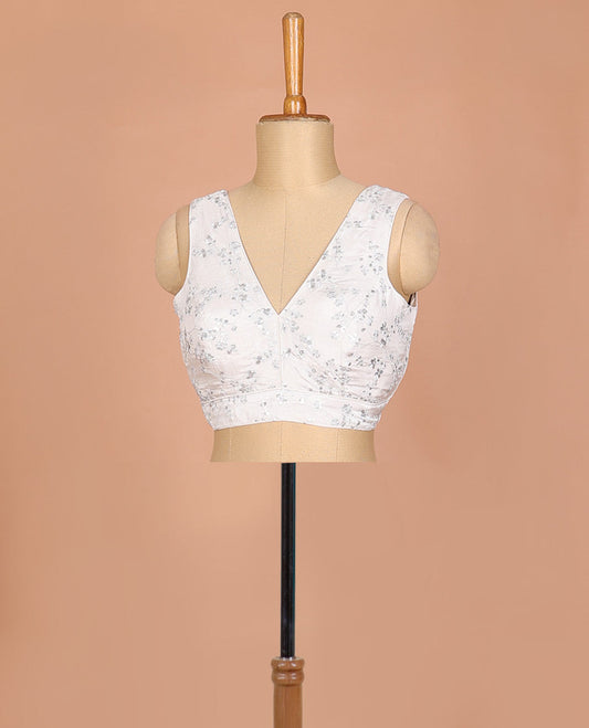 Off-white floral vine thread embroidered sleeveless readymade blouse with front and back deep-V neck