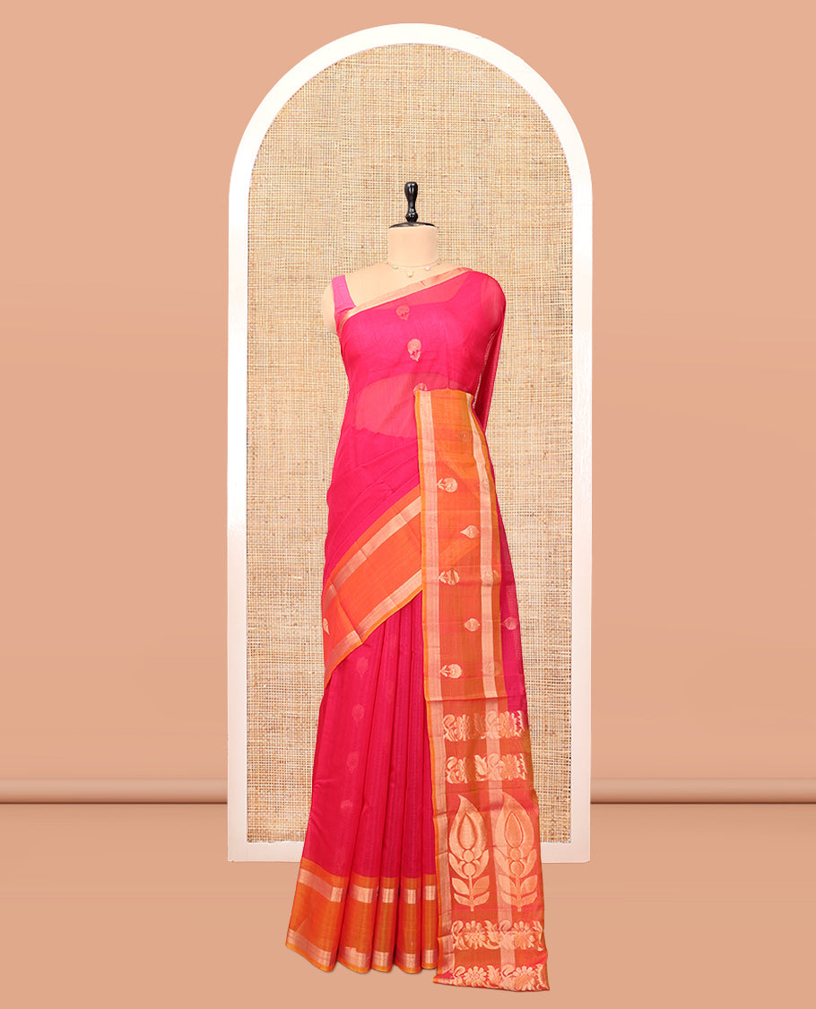Pink Silk Cotton Saree, Prettified with Floral Buttas, a Contrast Floral Motif Border, Intricate Pallu, and a Contrast Blouse