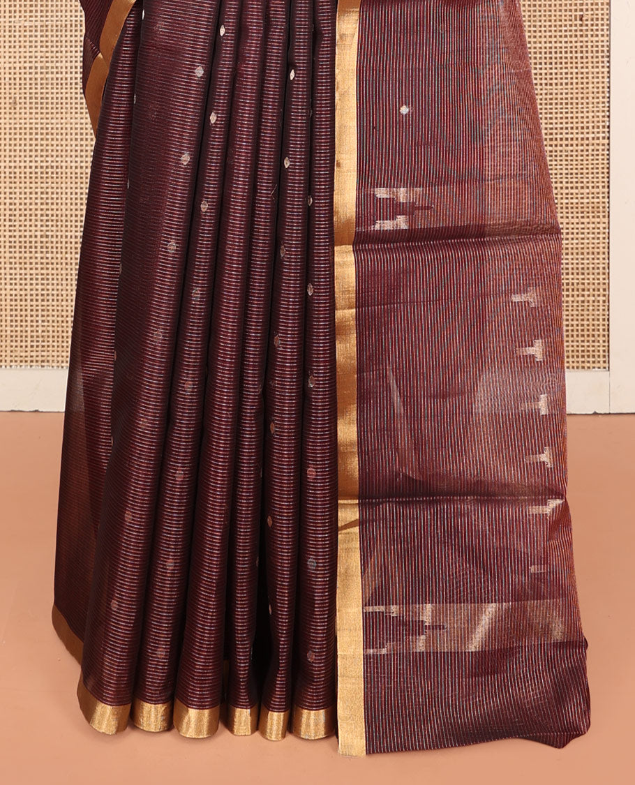 Brown Silk Cotton Saree, Ornamented with Buttas and Stripes, a Subtle Piping Border, Pallu of Temple Designs, and Matching Blouse