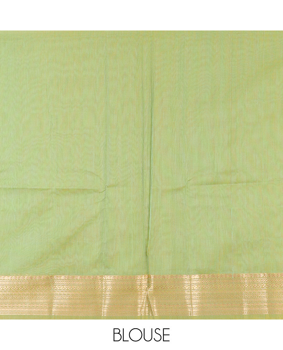 Green Silk Cotton Saree Gracefully Embellished with Zari Buttas, Complemented by a Contrast Border Steeped with Traditional Designs, Featuring Pallu of Circle Motifs, and Paired with Contrast Blouse