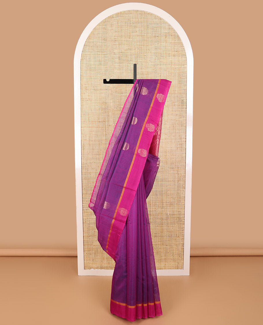 Purple motifs silk cotton saree with contrast zari design border & floral jaal design pallu