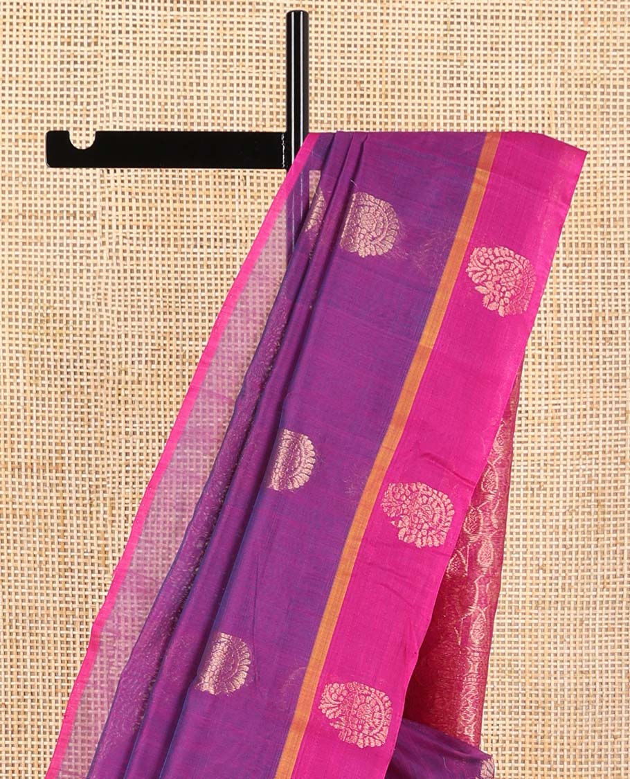 Purple motifs silk cotton saree with contrast zari design border & floral jaal design pallu
