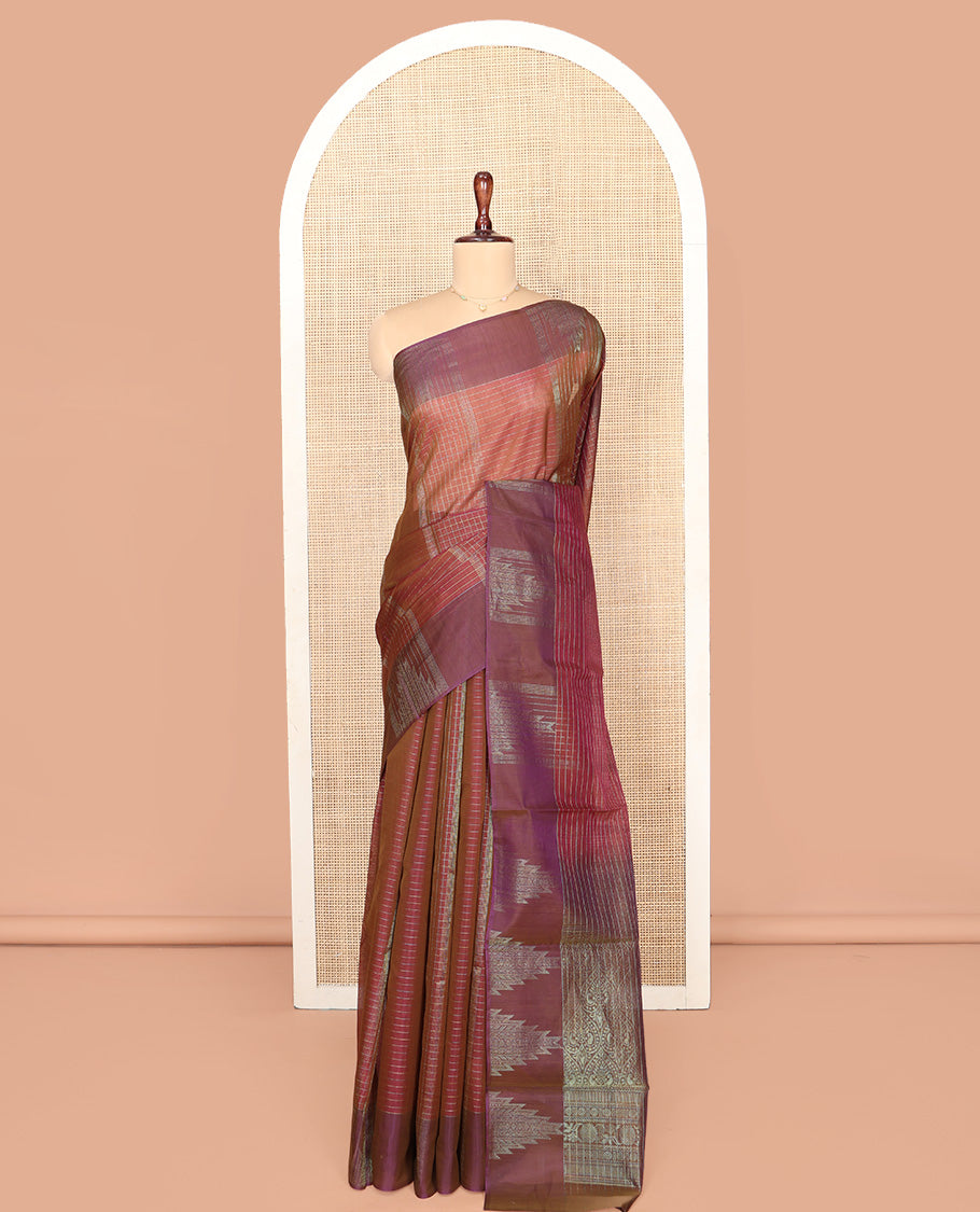 Brown Silk Cotton Saree, Adorned with Checks On Its Body, Complemented by Contrast Temple Border, Intricately Designed Pallu and Paired with a Contrast Blouse