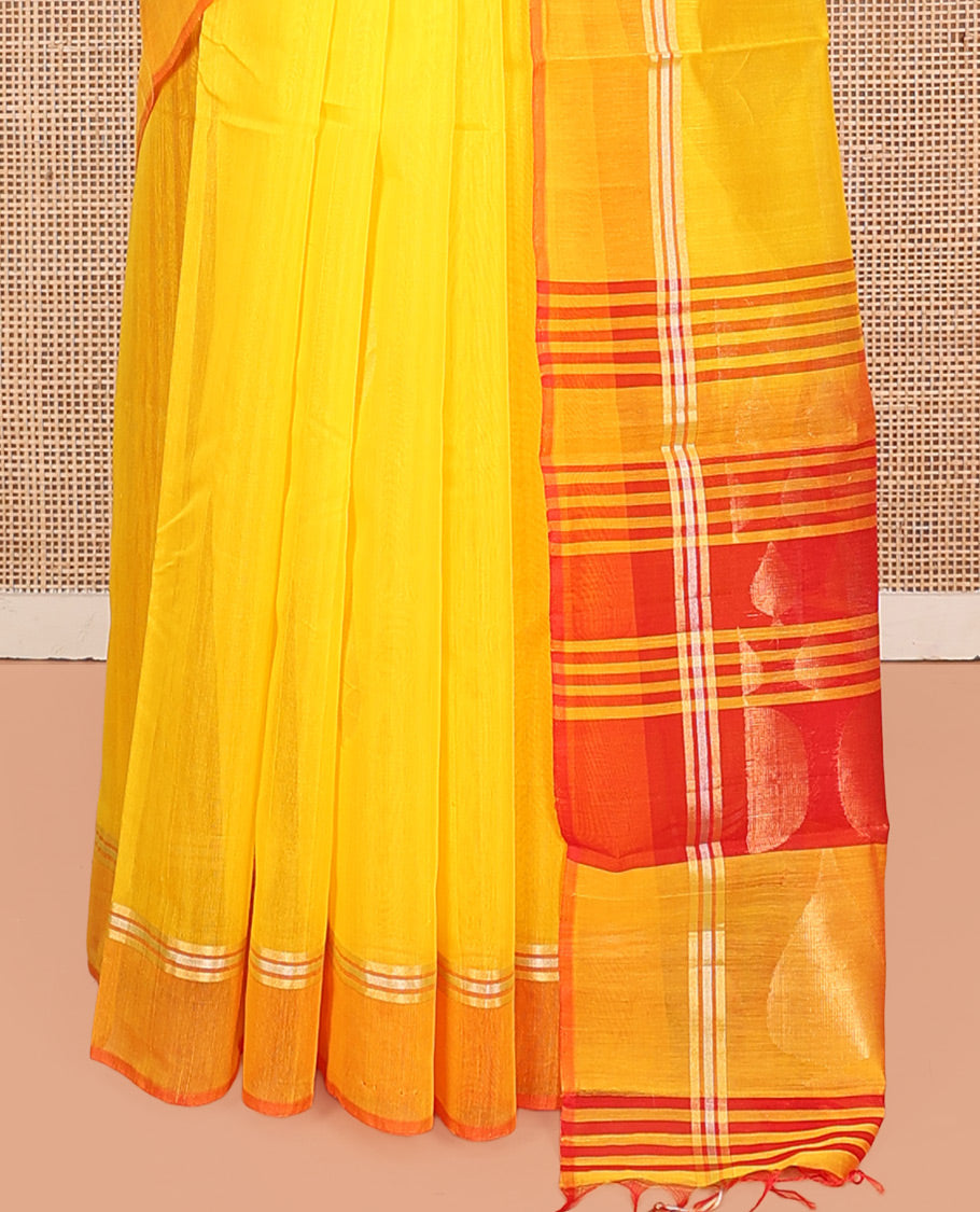 Yellow Silk Cotton Saree, Subtly Sparkled with Zari Buttas, a Contrast Border, Contrast Zari Woven Pallu, and a Contrast Blouse