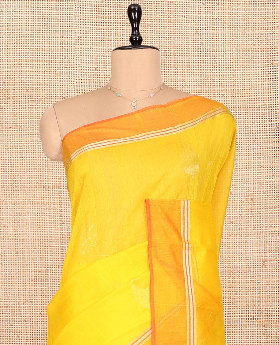 Yellow Silk Cotton Saree, Subtly Sparkled with Zari Buttas, a Contrast Border, Contrast Zari Woven Pallu, and a Contrast Blouse