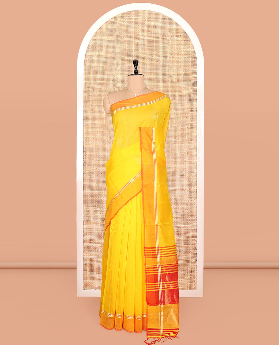 Yellow Silk Cotton Saree, Subtly Sparkled with Zari Buttas, a Contrast Border, Contrast Zari Woven Pallu, and a Contrast Blouse