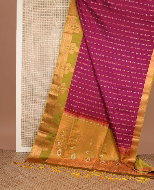 Purple zari designs soft silk saree, contrast floral zari design border, and pallu of paisley designs