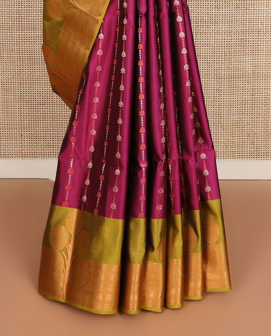 Purple zari designs soft silk saree, contrast floral zari design border, and pallu of paisley designs
