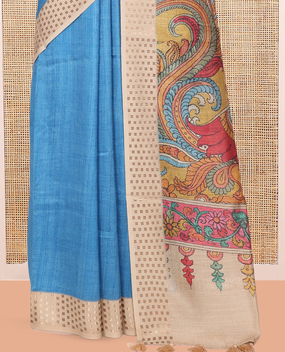 Blue Plain Fancy Tussar Silk Saree, Contrast Triangle Motif Border, Pallu of Kalamkari Peacock Motifs, and Contrast Kalamkari Printed Blouse