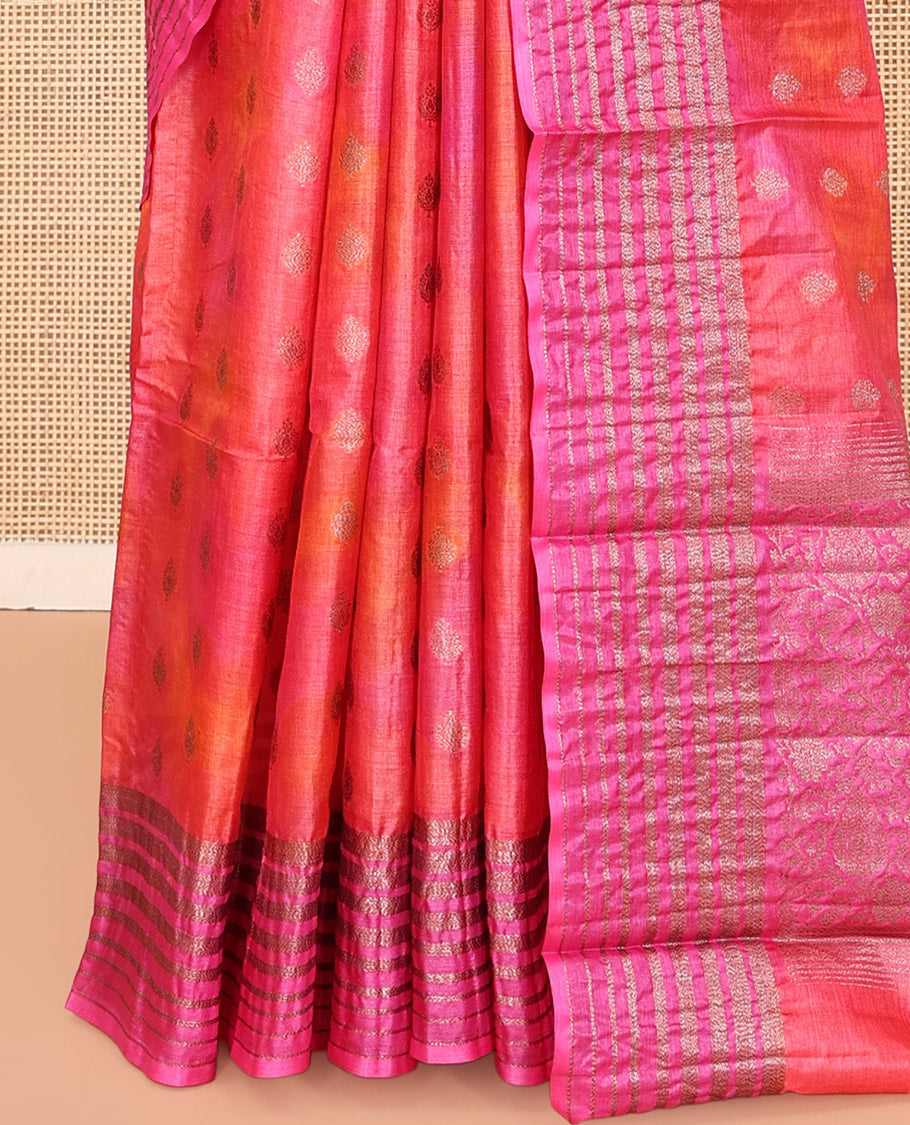 Pink-Orange Tussar Silk Saree Features Zari Buttas, Highlighted by a Zari Border, Floral Design Pallu, and a Matching Blouse